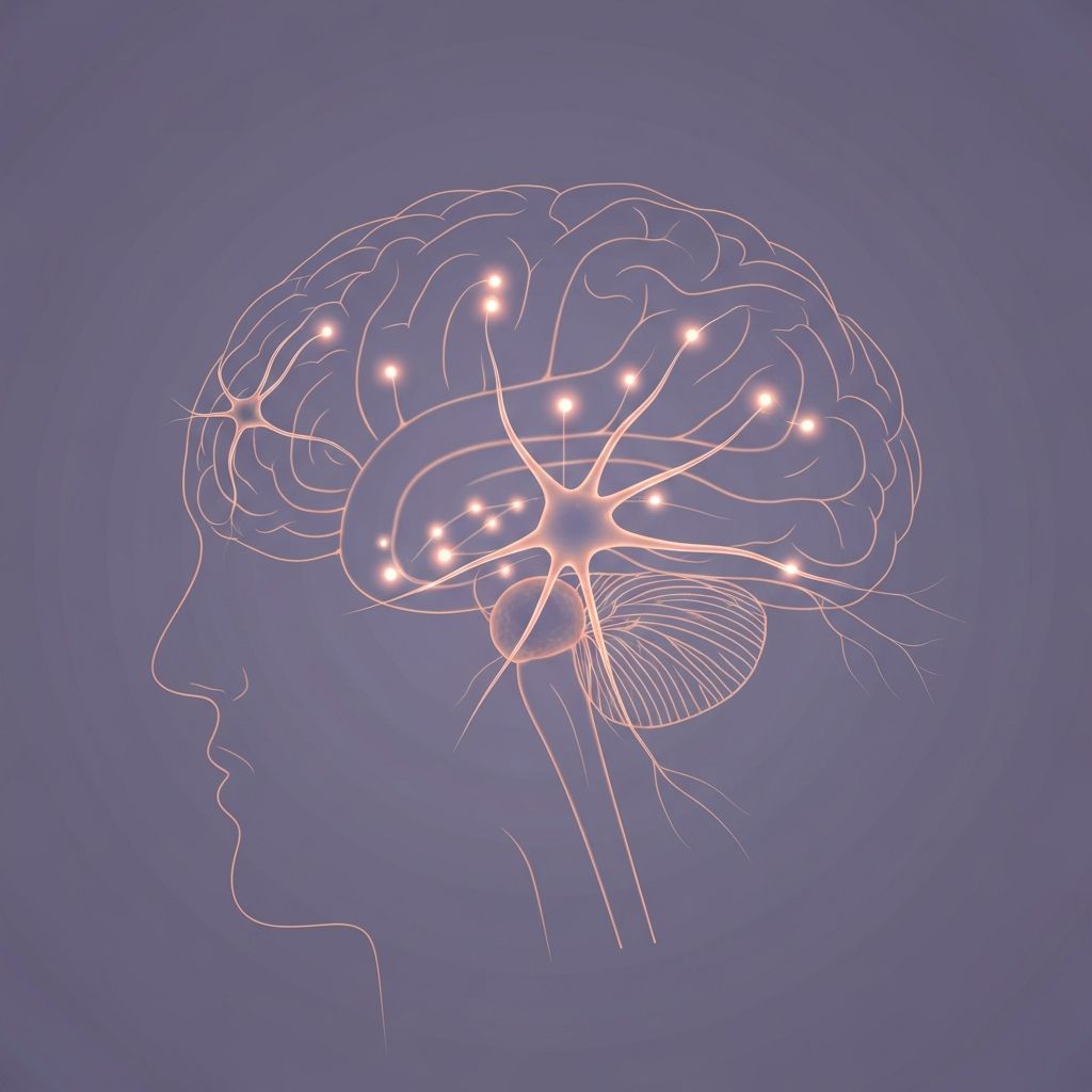 Abstract scientific illustration of neural networks and neurochemical pathways