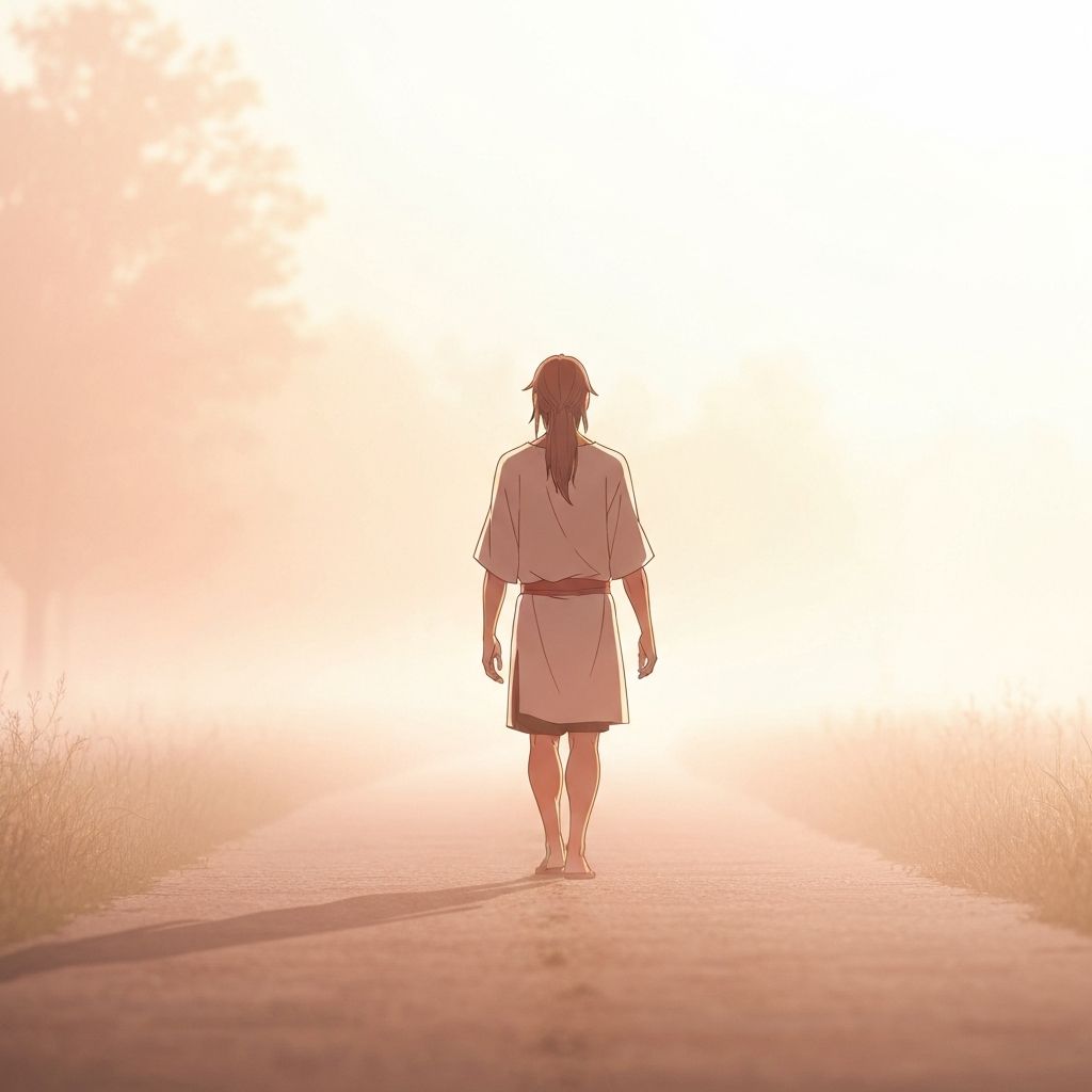 Solitary figure walking misty path in soft morning light